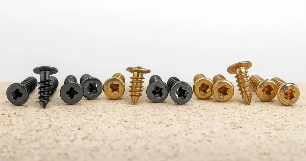 کلوزآپ انواع پیچ کابینتی شامل پیچ MDF مشکی و پیچ زینک زرد روی صفحه MDF روشن