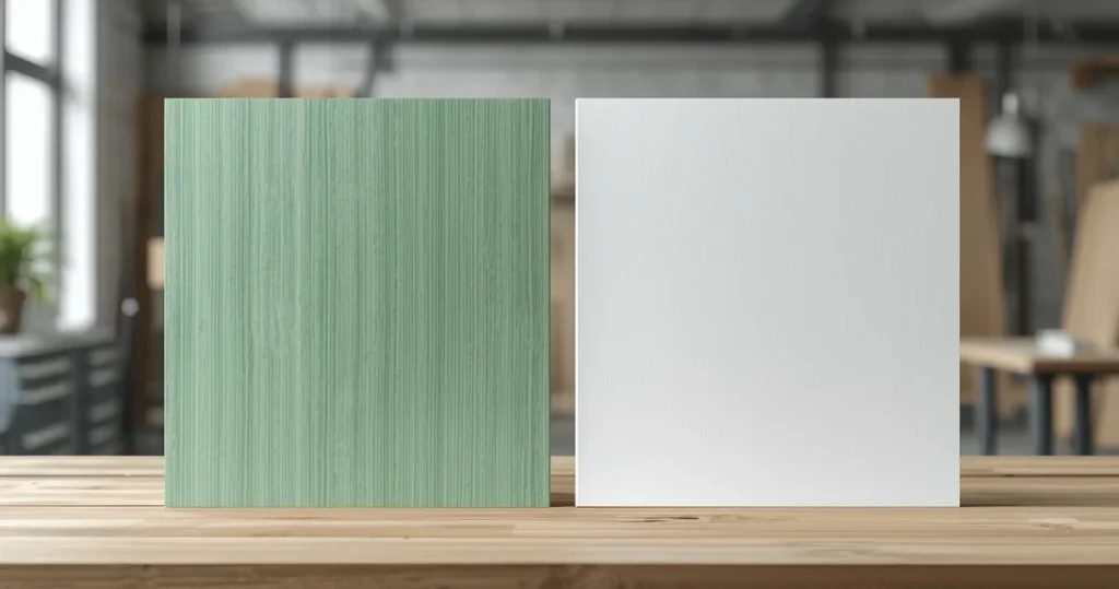مقایسه بصری MDF سبز و فومیزه روی میز کارگاه — تفاوت رنگ و بافت این دو متریال در نور طبیعی، تولید محتوای تخصصی نوژان