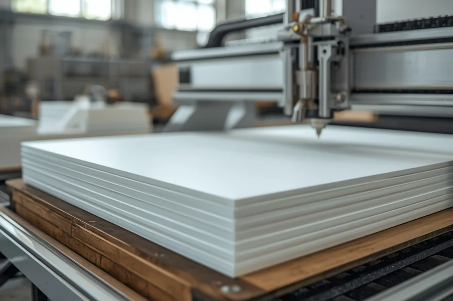 ورق‌های سفید فومیزه PVC در حال برش با دستگاه CNC در کارگاه نجاری مدرن، نمایش سطح صاف و مقاومت متریال در فرآیند ساخت — تولید محتوای آموزشی نوژان