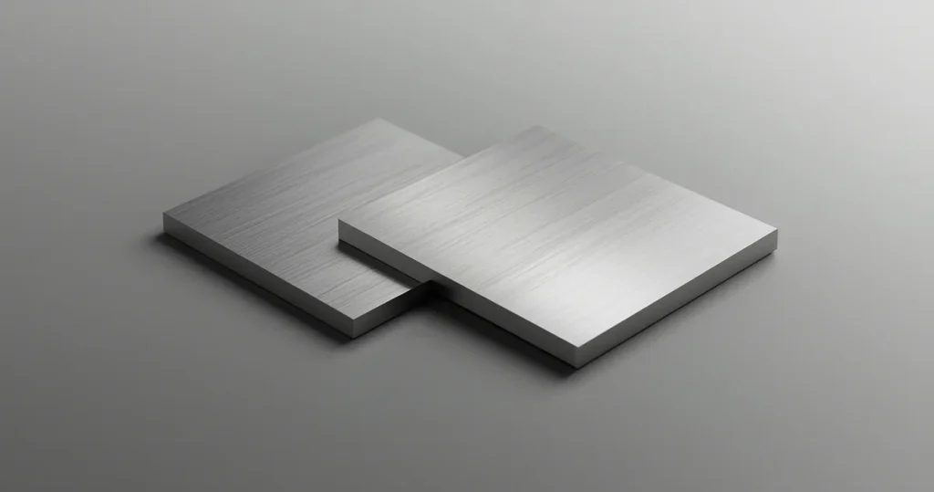 دو ورق استیل ضدزنگ با سطح براق و برس‌خورده روی پس‌زمینه خاکستری صنعتی - مقایسه کیفیت ظاهری استیل 304 و 430